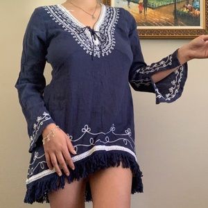 Vintage cottage girl boho navy and white dress